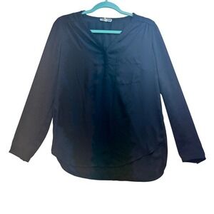 Pleione Black Blouse Long Sleeve Pocket V Neck Casual Top‎ Size S Classic
